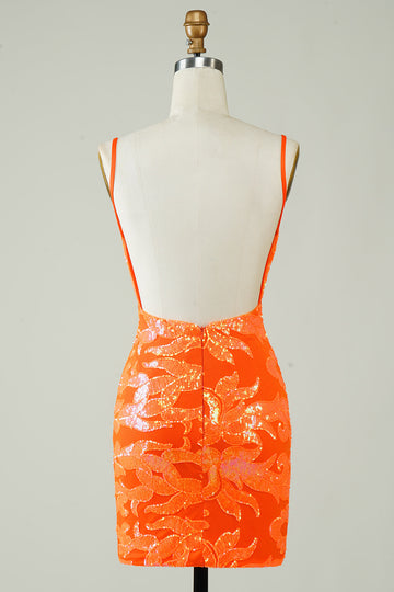 Orange Glitter Tight Homecoming Dress med ryggløs